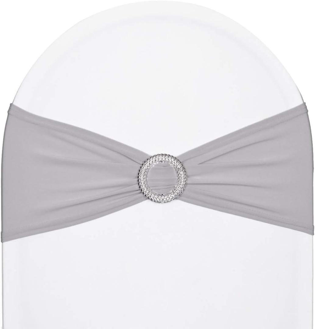 50pcs Grey Stretch Chair Sashes with Buckle for Christmas Wedding Party Banquet Birthday Anniversary Ceremony Reception Celebration Decoration Elastic Spandex Chair Cover Bow Ribbons (Silver)