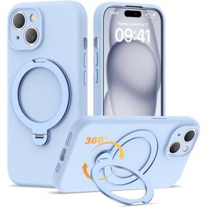 Compatible with iPhone 15 Case 6.1'' with 360 Spin Magnetic Ring Stand[Compatible with Mag-Safe] Soft Liquid Silicone 15 Case for Men Women,Blue