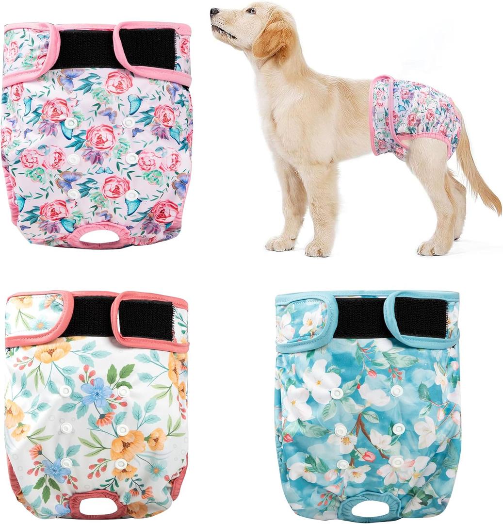 3Pack Reusable Dog Diapers Female,Washable Diaper for Doggie,Highly Absorbent Dog Diaper,Adjustable Leakproof Puppy Girl Dog Diapers for Heat,Incontinence,Period Doggy Nappies XXL (XXL(27.5"-33"Waist), Flowers)