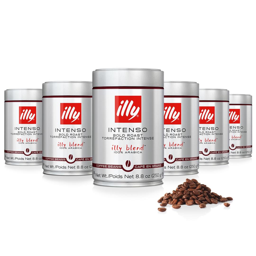 Illy Whole Bean Coffee, Intenso Bold Roast - Bold & Flavorful - 100% Arabica - Whole Beans - Pressurized Packaging Sealed for Freshness - 8.8oz can (Pack of 6) Best By: 02/2027