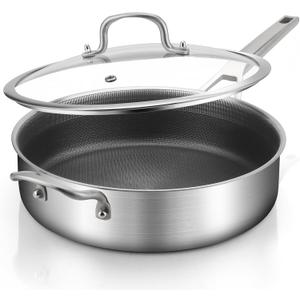 Stainless Steel 6 Quarts Saute Pan with lids, Nonsitck 12.5 inch Jumbo Cooker, 3 Layer Deep Frying pan with Stay Cool Handle, Dishwasher and Metal Utensil Safe
