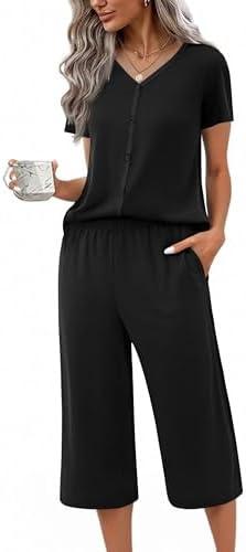 Ekouaer Women's Pajama Sets Short Sleeve Sleepwear Button Up Pj Loungewear Top and Capri Pants with Pockets, L