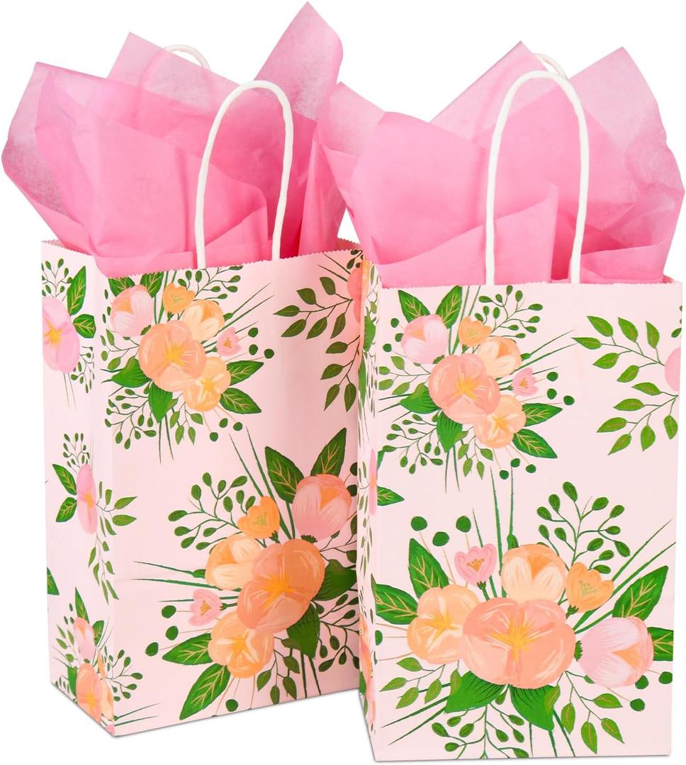 DjinnGlory 25 Pack Small Spring Floral Party Favor Bags with Handles and 25 Tissue Paper for Birthday Wedding Decorations, Pink Paper Gift Bags for Bridal Baby Shower New Moms (9x5.5x3.15 Inch)