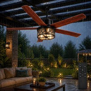 52 Inch Outdoor Farmhouse Rustic Ceiling Fan with Light, Rustic Deer Antler Ceiling Fan, IP65 Waterproof Ceiling Fan with Remote and Reversible Motor, Gazebo Fan for Patio, Porch, Bedroom Black, 52 inch