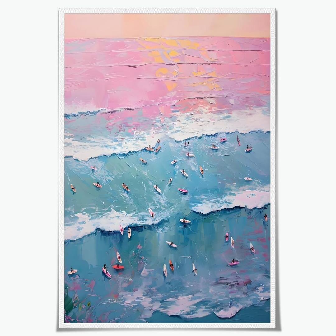 Vintage Tropical Surf Wall Art Pink Blue Beach Summer Coastal Painting Surfing Canvas Print Aesthetic Poster for Home Living Room Bedroom Dorm Apartment Decor 24x36inch Unframed
