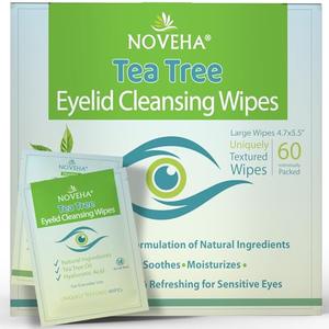NOVEHA 30PCs Tea Tree Oil Eyelid & Lash Wipes | With Hyaluronic Acid, Green Tea & Chamomile For Blepharitis, Itchy & Stye Eyes, Individually Wrapped, Natural Eyelash Makeup Remover & Daily Cleanser