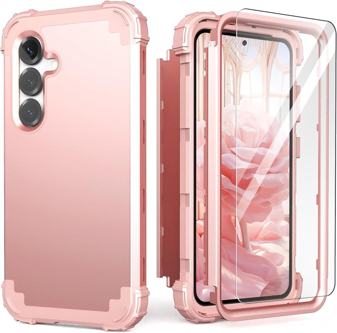 IDweel for Galaxy S25 5G Case with Screen Protector, Hybrid 3 in 1 Shockproof Heavy Duty Protection Hard PC Bumper+Soft Silicone Protective Full Body Cover for Samsung Galaxy S25 5G 6.2", Rose Gold
