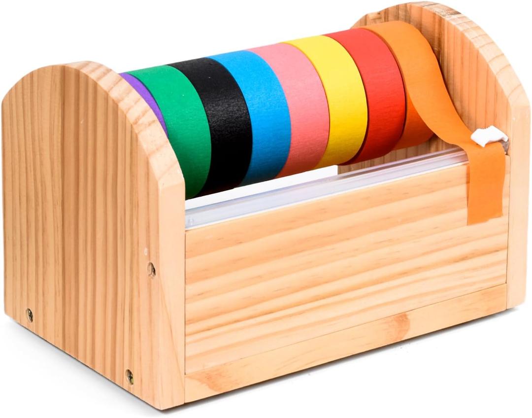 Kids Masking Tape Dispenser, Wooden Multi Roll Craft Tape Dispenser, Washi Tape Holder Organizer, Cutter for Gift Wrapping, Gift for Children Office Home School, Slide Cutter