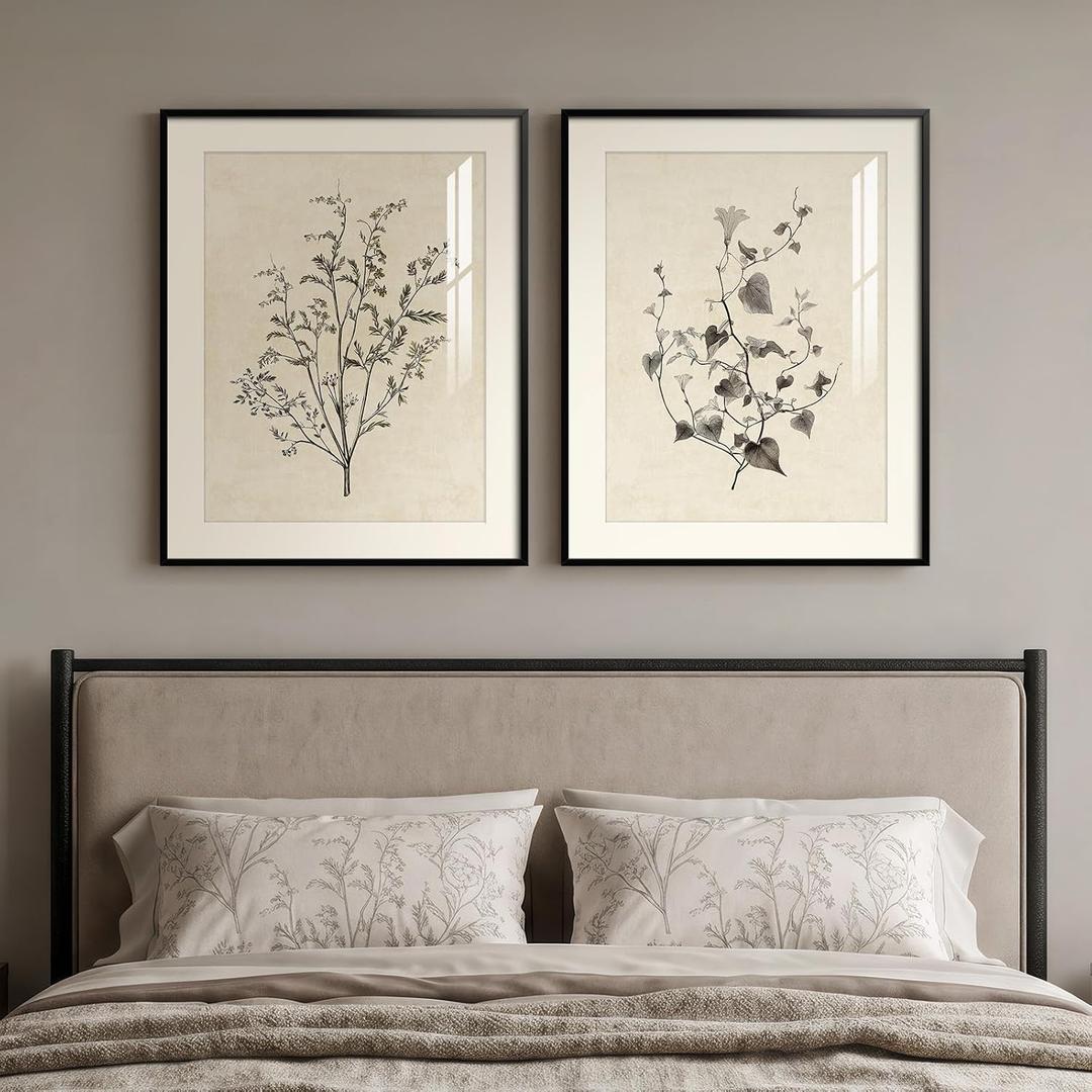 Framed Vintage Neutral Botanical Wall Art for Bedroom, 2 Piece 16x20 In, 16" W x 20" H x 2Pcs