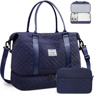 BAGAIL Travel Duffel Bag, Weekender Bags for Women, Overnight Gym Carry On Tote Bag with Wet Pocket, Hospital Mom Bag for Labor and Delivery - Extra Large Set, Grid-Navy Blue
