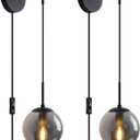 KUZZULL Wall Sconces Set of Two Matte Black Wall Lights for Bedroom Plug in Wall Sconces Set of 2 with Globe Smoke Grey Glass Shade Wall Lamp with Plug in Cord Sconces Wall Decor Set of 2 with Switch