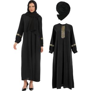 Muslim Abaya Dress For Women with Hijabs Long Sleeve Floral Print Islamic Dubai Long Maxi Dresses (Small, Black)