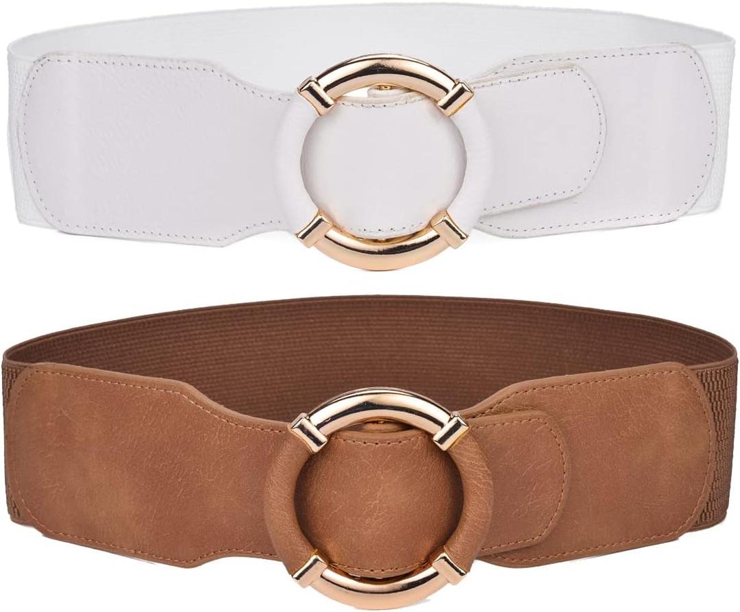 Beltox Women Elastic Belt Dress Stretchy Wide Waist Vintage Thick Cinch PU Leather (L-XXL (35-47 inch stretch range), Khaki and White 2pcs)