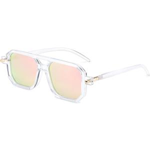 FEISEDY Vintage Square 70s Flat Aviator Sunglasses Women Men Classic Retro Stylish Frame UV400 Sunglasses B2622 (030 Transparent Frame & Pink Mirrored Lens)
