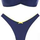seamoly Sexy Blue Gingham Bow Decor Ruched Backless Lace Up Bandeau Bikini Set Strapless Swimsuits for Women (Blue, L)