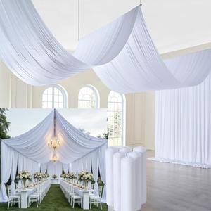 Htper 6 Panels 5x20ft White Ceiling Drapes for Wedding Parties, Wrinkle Free Thick Polyester Canopy Tent Draping Fabric Curtains Arch Drapery for Birthday Graduation Event Venue Decoration