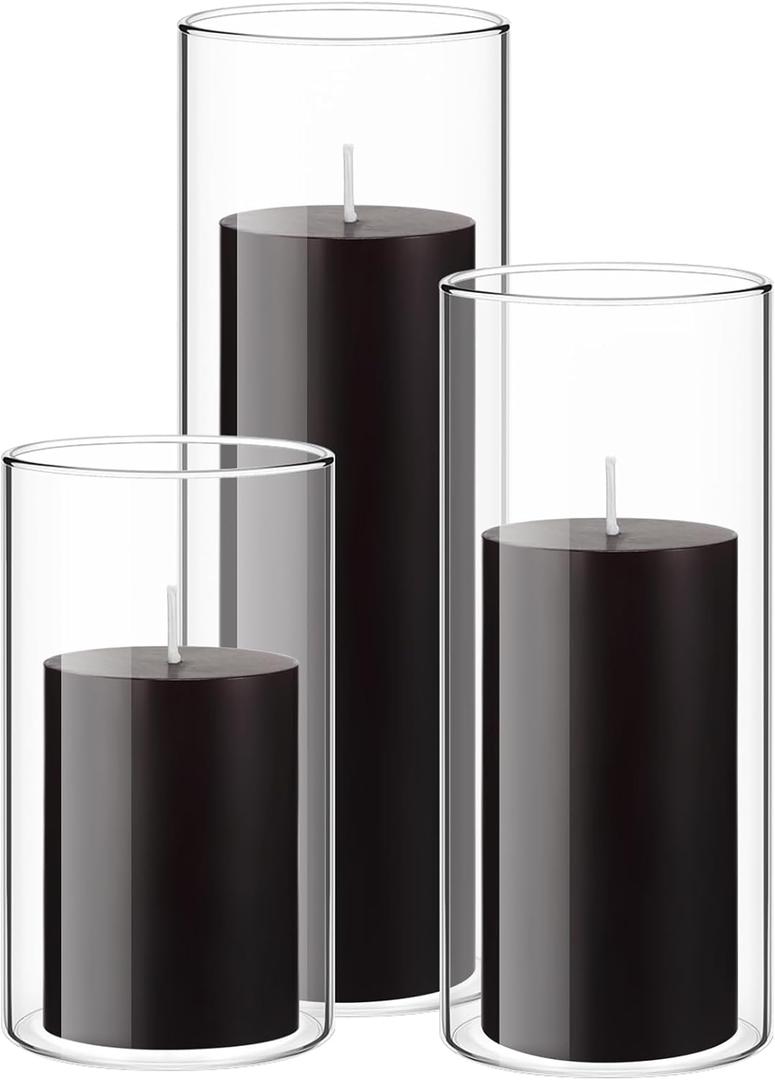 Shihanee Set of 3 Pillar Candles and 3 Glass Cylinder Candle Vases Holders Clear Pillar Jars for Wedding Centerpieces(2.6'' X 4.7'', 5.9'', 7.9'',Black)