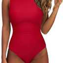 SUUKSESS Women One Piece Ruched Swimsuit Tummy Control Backless Bathing Suit (Red, L)