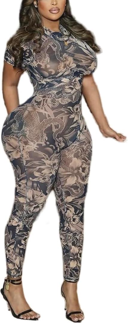 Women Sexy Bodycon Jumpsuit - See Through Mesh One Piece Party Club Outfit Summer Print Body Suit Backless Pantsuit (Large, Dark Blue)