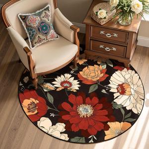 jinchan Black Round Rug 4ft Vintage Floral Area Rugs for Entryway - Washable Rug Soft Non-Slip Indoor Boho Flower Print Circle 4' Round Accent Carpet for Bedroom Living Room Dining Room Home Office