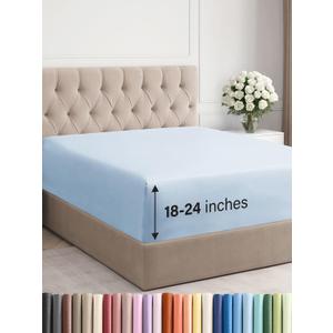 Extra Deep Queen Fitted Sheet - Hotel Luxury Single Fitted Sheet Only - Easily Fits 18 inch to 24 inch Mattress - Ultra Soft, Wrinkle & Fade Free w/Extra Deep Pockets - Breathable & Comfy - Sky Blue