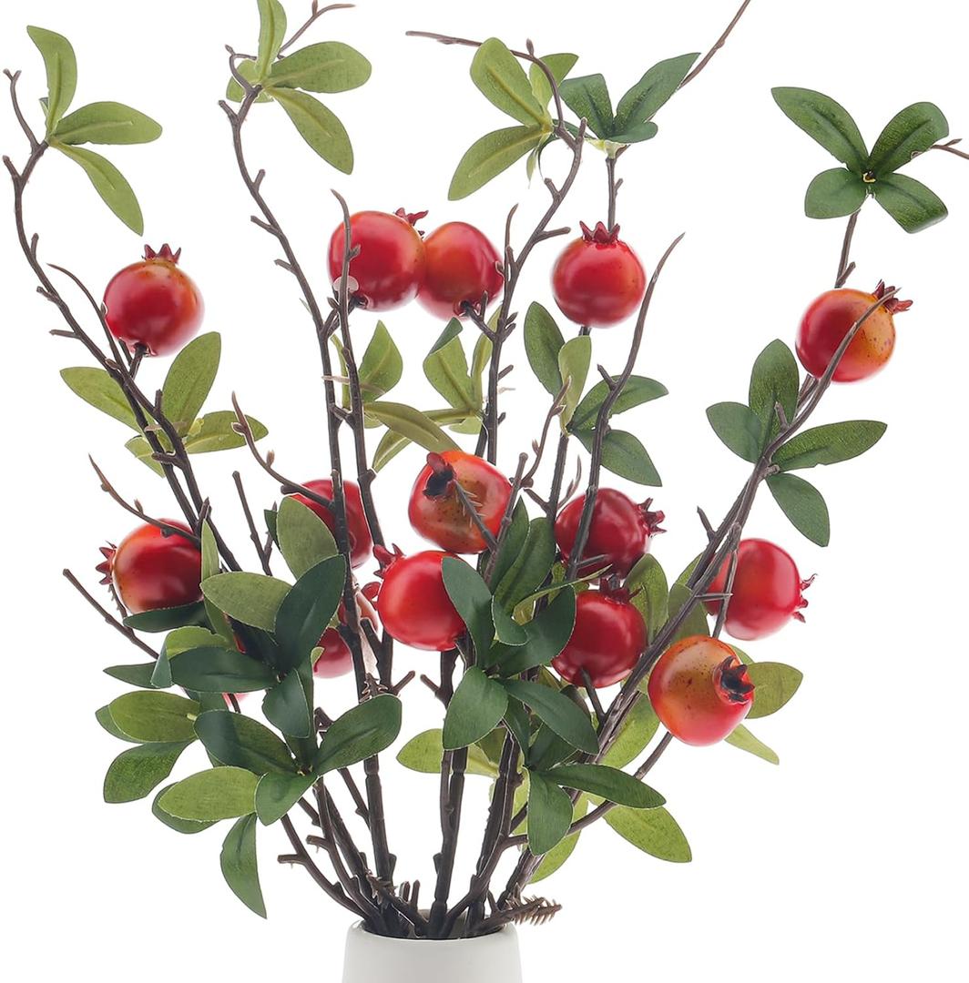 Woration 5PCS Fake Pomegranate Branches Artificial Fruit Branches Set Simulation DIY Decoration Lifelike Props Vase Home Party 19.3inch