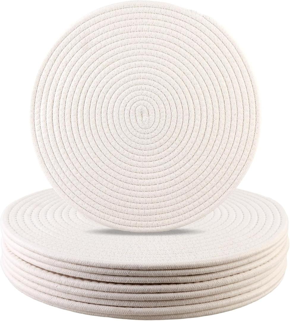 Round Woven Placemats Set of 8 Heat Resistant Placemats 13.5 Inches Farmhouse Cotton Rope Place Mats for Dining Tables Trivets for Hot Dishes, White