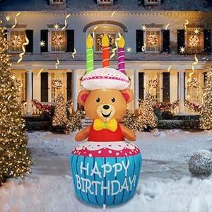 [2025 New] 4FT Inflatable Bear Happy Birthday Cake Decorations, with Candles, Build-in LED Lights, Cake Blow up Outdoor Yard Decorations for Birthday Party Indoor Home Celebration Garden Lawn