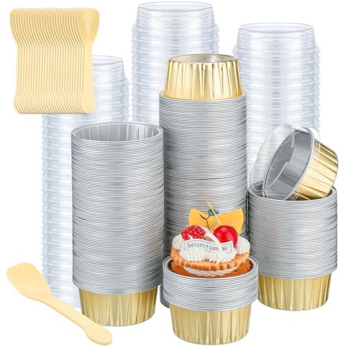 Hushee 300 Set Aluminum Foil Baking Cups with Lids and Spoons 5oz Disposable Ramekins Dessert Muffin Creme Brulee Cupcake Liners Containers for Wedding Birthday Party(Round,Gold)