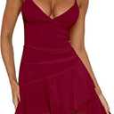 Caracilia Womens Cocktail Dresses Sleeveless V Neck Mesh Ruched Bodycon 2026 Sexy Summer Going Out Club Mini Short Dress, Deep Red, Medium