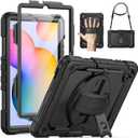 SEYMAC Case for Samsung Galaxy Tab S6 Lite 10.4'' 2024/2022/2020 (SM-P620/P610/P615), Heavy Duty Full-Body Shockproof Protective Case with Screen Protector, Rotating Stand, Hand/Shoulder Strap, Black