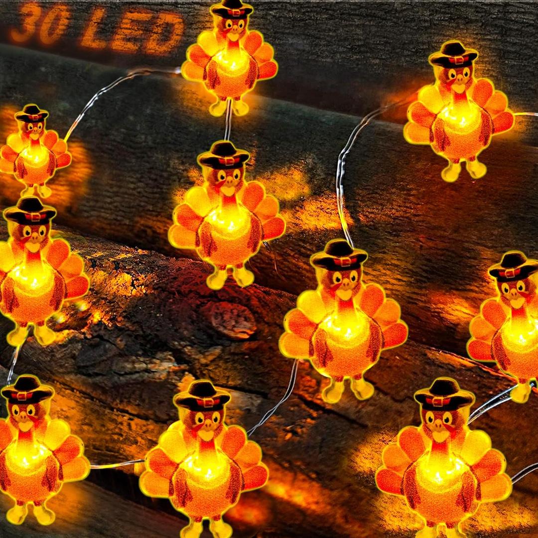 Grastfu 10 Ft 30 LED Thanksgiving Decorations Turkey String Lights, Thanksgiving Lights Decorations Battery Operated Turkey Lights Copper Wire Fairy String Lights for Party Home Indoor Decor