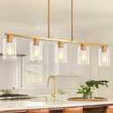 Mecgirn Island Light for Kitchen, Brushed Gold Dining Room Light Fixture Over Table, 5-Light Linear Chandelier Pendant Lighting for Dining Table Kitchen Island Living Room, 5 Light + Clear Glass
