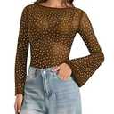 UEOIOW Sheer Tops Long Bell Sleeves Rhinestone Tops for Women Casual Shapewear Brown S