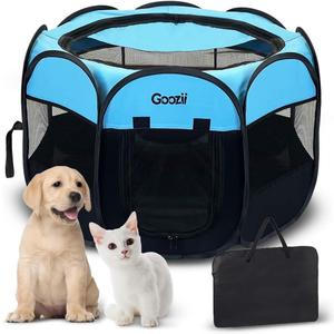 GOOZII Dog Playpen Portable Collapsible, Indoor Outdoor Pet Puppy Exercise Playpens Case with Zipper Door Top Cover Floor for Large Cat Rabbit Travel Camping (Small Size, Black/Blue)