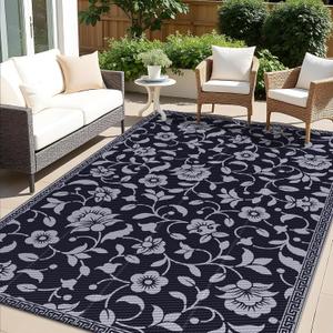 OLANLY Waterproof Outdoor Rug 5x8 ft, Outdoor Plastic Straw Rug with Flower Pattern, Reversible RV Mat for Patio, Camping, Balcony, Deck, Backyard, Black & Grey