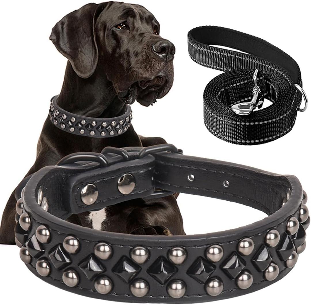 Spiked Studded Dog Collar Soft PU Leather Squared Spike Pet Collar and Reflective Nylon Leash Set Adjustable Collars for  Dogs (Medium(neck:12.6"-15"))