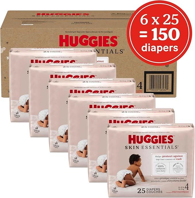 Huggies Size 4 Diapers, Skin Essentials Baby Diapers, Size 4 (22-37 lbs), 150 Count (6 Packs of 25),