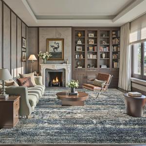 Art&Tuft Washable 9x12 Area Rug, Anti-Slip Backing Abstract Area Rugs 9x12 Living Room, Stain Resistant Rugs for Living Room, Foldable Machine Washable Area Rug (TPR19-Navy, 9'x12')