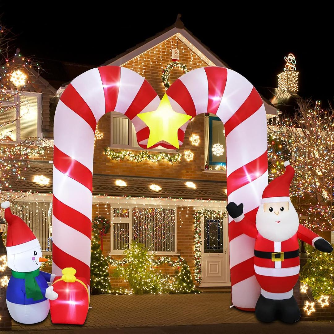 10ft Candy Cane Arched Outdoor Inflatable with LED Lights for Christmas Holiday Party Decoration, Winter Garden Decoration
