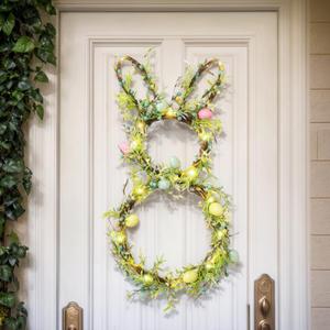Easter Bunny Spring Wreath for Front Door, Lighted Easter Wreaths with Timer and 30 LED Warm Lights, Foldable Bunny Wreaths with Eggs, Twigs and Berries, Pre-Lit Wreath for Spring Decor (11.82Lx2.36Wx26H, Green Leaves&blue Berries&pastel Eggs)