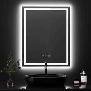 QAOYEDE 20x16 Inch LED Bathroom Mirror with Lights, Small Bathroom Vanity Mirror with Lights, Dimmable Anti-Fog Backlit and Front Light, Memory, 3 Color, Shatter-Proof, Vertically Only