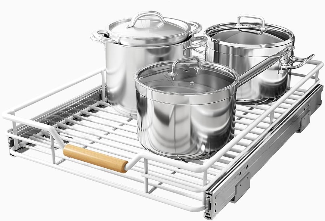 Pull out Cabinet Organizer, 15"W X 21"D, Heavy Duty Smooth Sliding Under Cabinet Shelves for Pots and Pans, Full-Extension Roll out Drawers, Slide out Organization for Home Kitchen Pantry, White