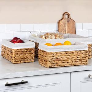 Household Essentials Wicker Basket Set, 3 Pieces, 1 Large and 2 Small Water Hyacinth Baskets for Storage and Organization