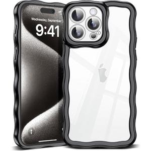 SKYLMW Compatible with iPhone 15 Pro Max Case, Kawaii Cute Curly Wave Frame Luxury Plating Edge, Stylish Glossy Clear Back, Soft TPU Shockproof Protective Cases for iPhone 15 Pro Max, Black