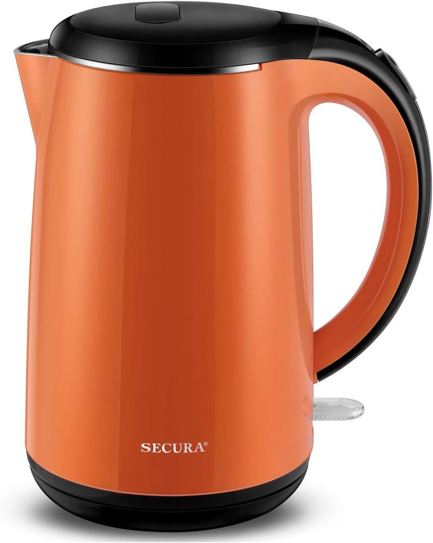 Secura Original Stainless Steel Double Wall Electric Water Kettle 1.8 Quart with Auto Shut-Off & Boil-Dry Protection, Orange SWK-1701DO/HB-3227B