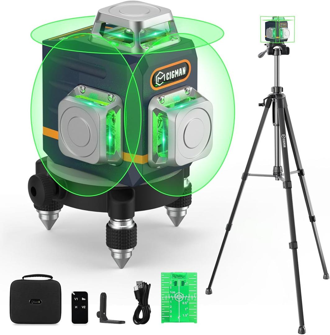 CIGMAN 3D Laser Level with Tripod,Remote Control,Compact Design,4000mAh Battery,Rotary Base,3x360Self-Leveling Green Laser Leveler for Picture Hanging and DIY Projects
