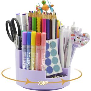 2 x 360Degree Rotating Desk Organizer, 10 Slots Pencil Pen Holder for Desktop, Cute Rotating Desk Pen Organizer Storage Caddy for Office, School, Home, Art Supply, Teacher (Purple)