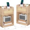 CHOEZON Rattan Nightstands Set of 2 with Charging Station, Boho Nightstand, Rattan Bedside Tables with Drawer, Storage Side Table with 2 USB Ports, Bedroom, Natural MBZ01UP2WO, 15.4"L x 11.3"W x 21.9"H