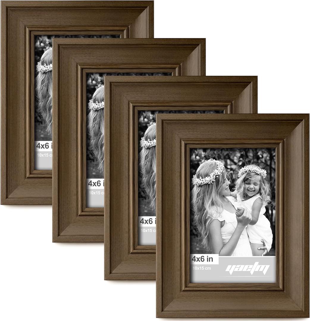 Yaetm 4x6 Picture Frame Set of 4, 1.4 Wide Molding & Brown Wood Grain Photo Frames with HD Tempered Glass, for Table Top & Wall Mounting (4 pack, Brown Wood Grain)